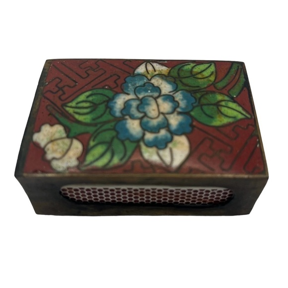 Antique Chinese Cloisonné Enamel Flower Print Match Safe Matchbox Holder Red - Picture 4 of 8